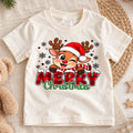Merry Christmas Reindeer Kids Shirt, Buffalo Plaid Deer Tee, Cute Rudolph Holiday T Shirt, Xmas Gift for Kids Holiday Outfit for Boys Girls — product view 1