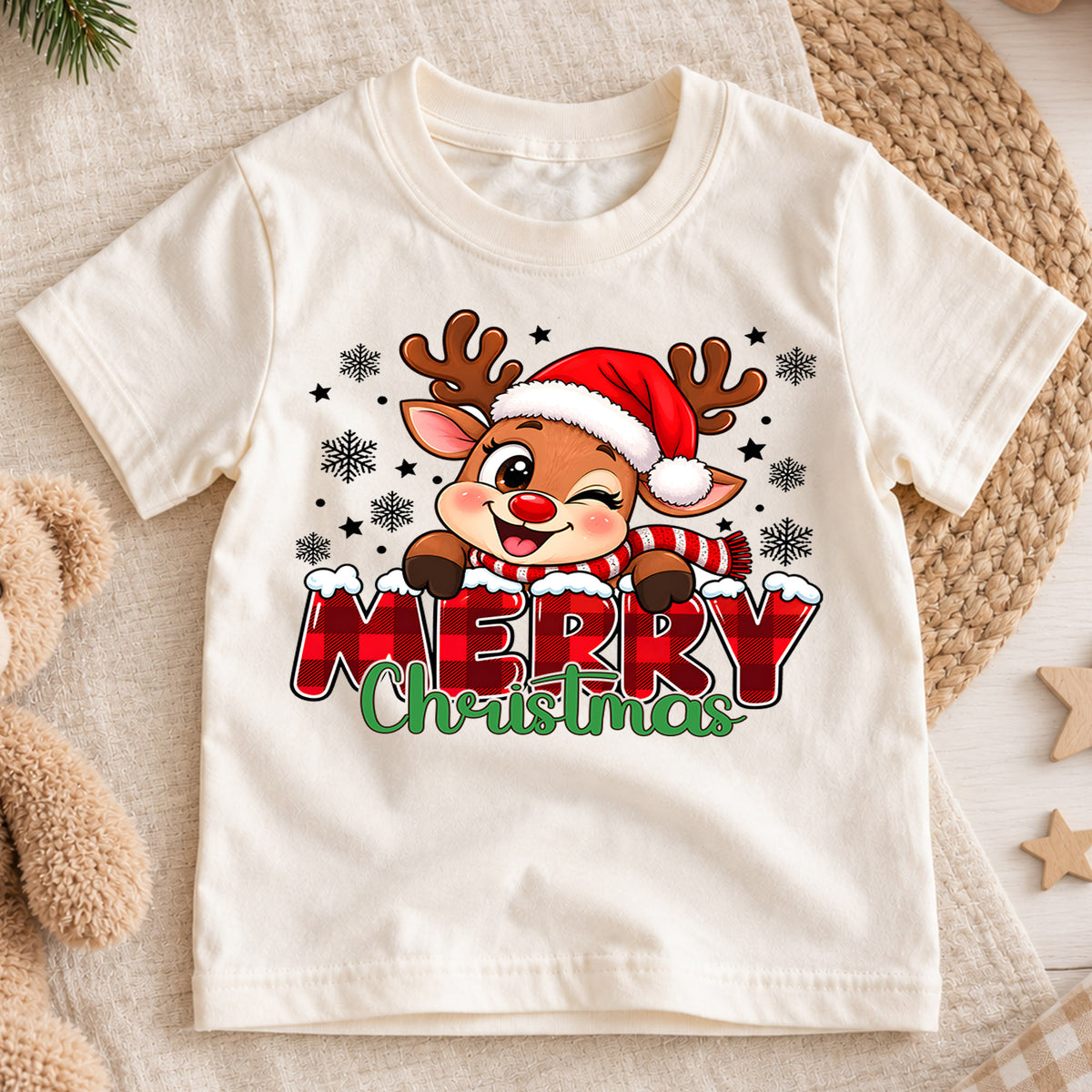 Merry Christmas Reindeer Kids Shirt, Buffalo Plaid Deer Tee, Cute Rudolph Holiday T Shirt, Xmas Gift for Kids Holiday Outfit for Boys Girls — product view 1