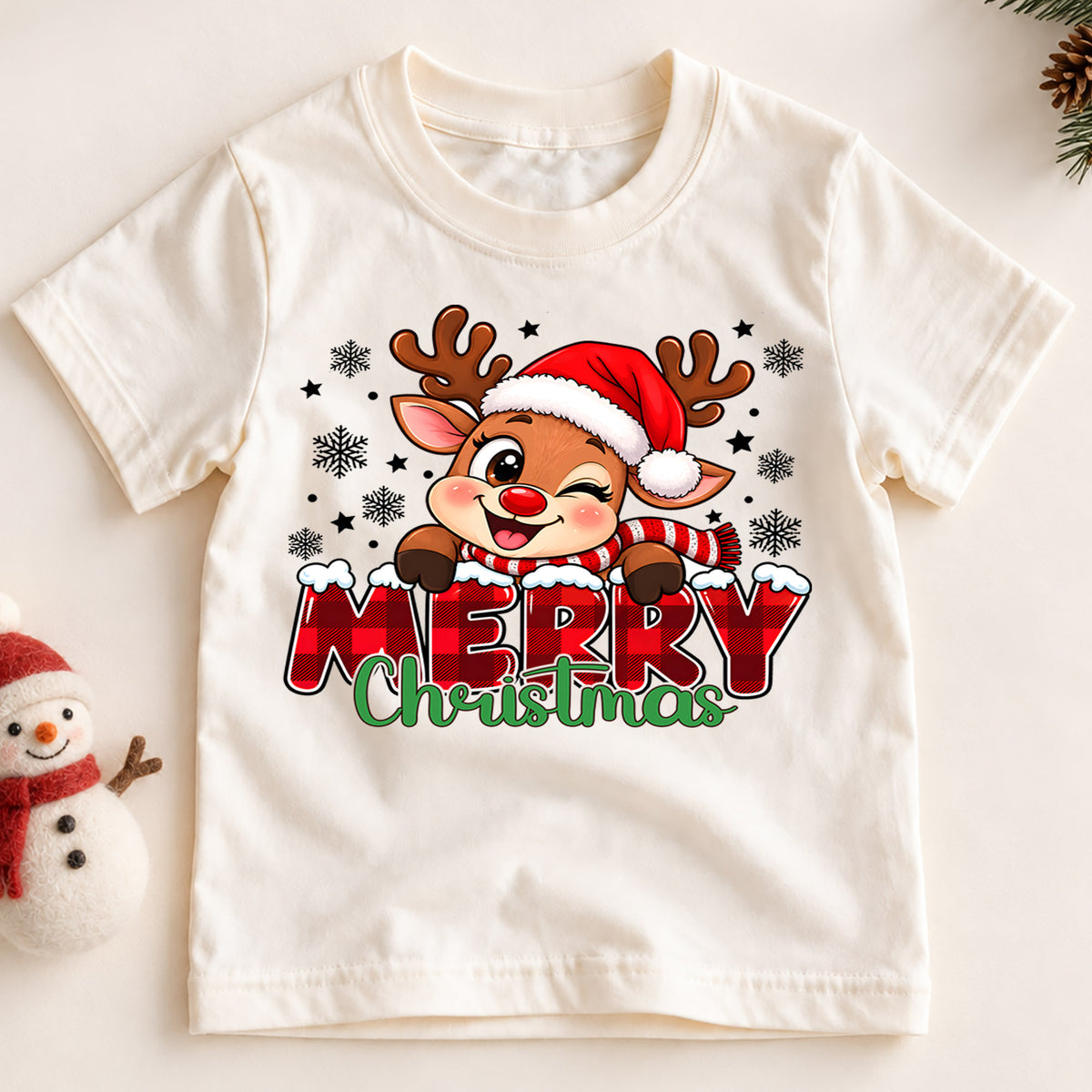 Merry Christmas Reindeer Kids Shirt, Buffalo Plaid Deer Tee, Cute Rudolph Holiday T Shirt, Xmas Gift for Kids Holiday Outfit for Boys Girls — product view 2