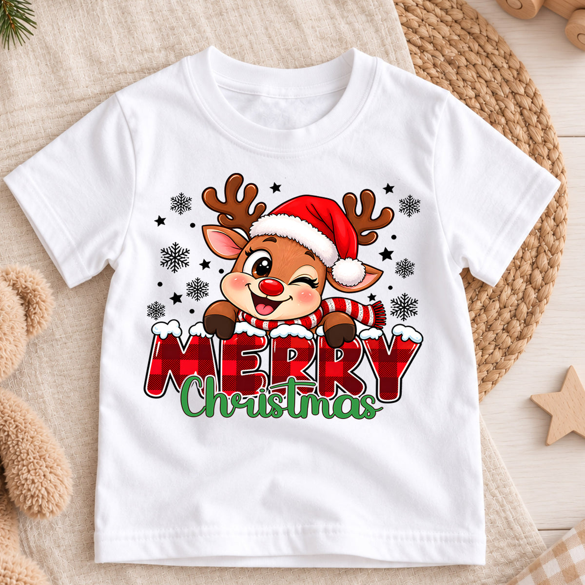 Merry Christmas Reindeer Kids Shirt, Buffalo Plaid Deer Tee, Cute Rudolph Holiday T Shirt, Xmas Gift for Kids Holiday Outfit for Boys Girls — product view 3