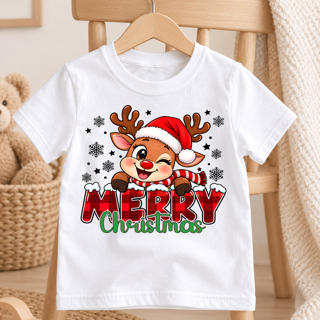 Merry Christmas Reindeer Kids Shirt, Buffalo Plaid Deer Tee, Cute Rudolph Holiday T Shirt, Xmas Gift for Kids Holiday Outfit for Boys Girls — product view 4