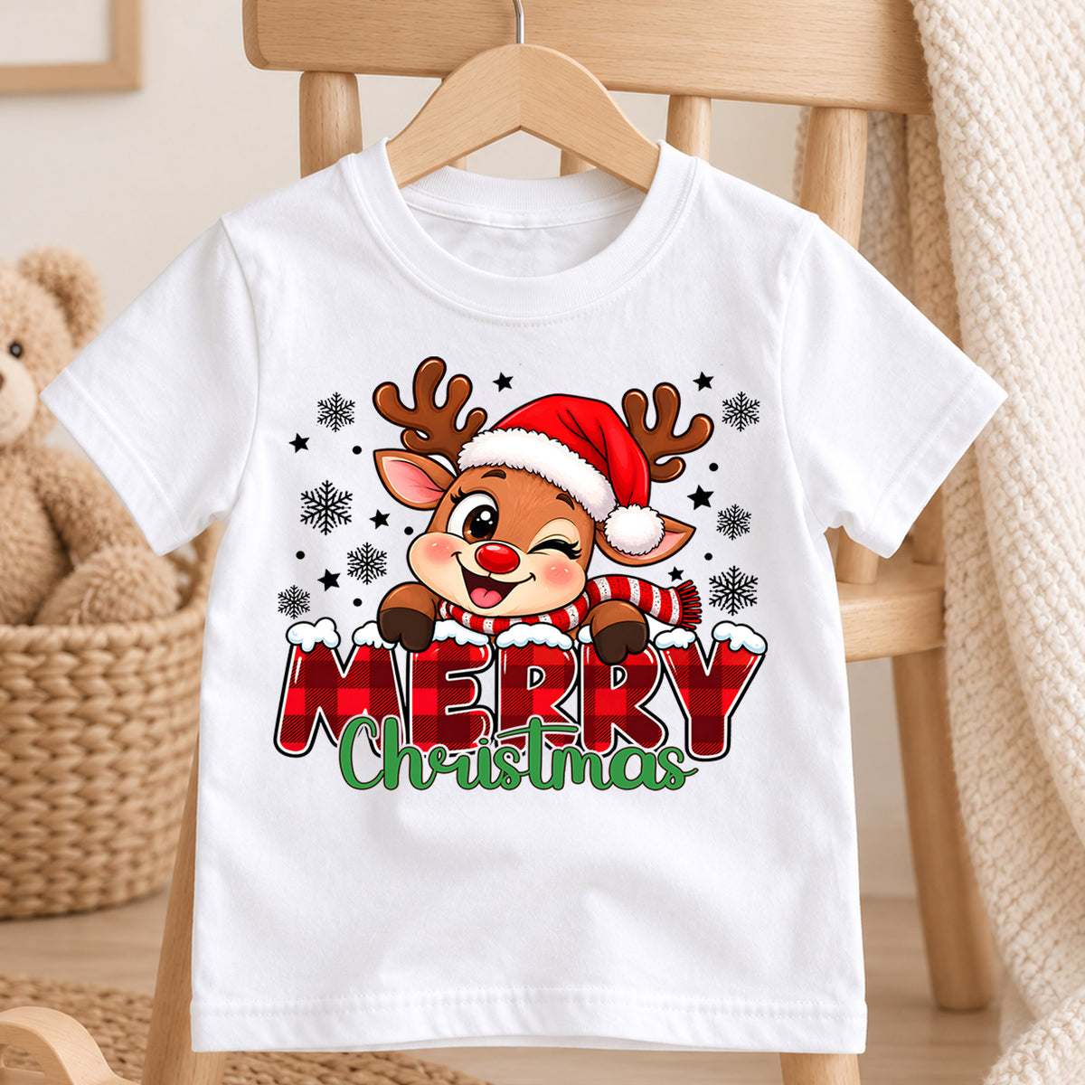 Merry Christmas Reindeer Kids Shirt, Buffalo Plaid Deer Tee, Cute Rudolph Holiday T Shirt, Xmas Gift for Kids Holiday Outfit for Boys Girls — product view 4