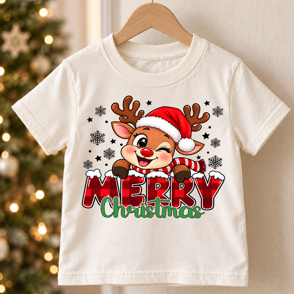 Merry Christmas Reindeer Kids Shirt, Buffalo Plaid Deer Tee, Cute Rudolph Holiday T Shirt, Xmas Gift for Kids Holiday Outfit for Boys Girls — product view 5