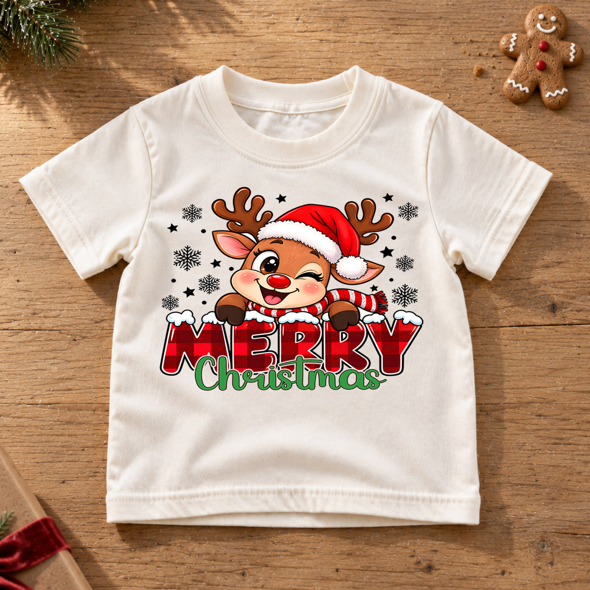 Merry Christmas Reindeer Kids Shirt, Buffalo Plaid Deer Tee, Cute Rudolph Holiday T Shirt, Xmas Gift for Kids Holiday Outfit for Boys Girls — product view 6