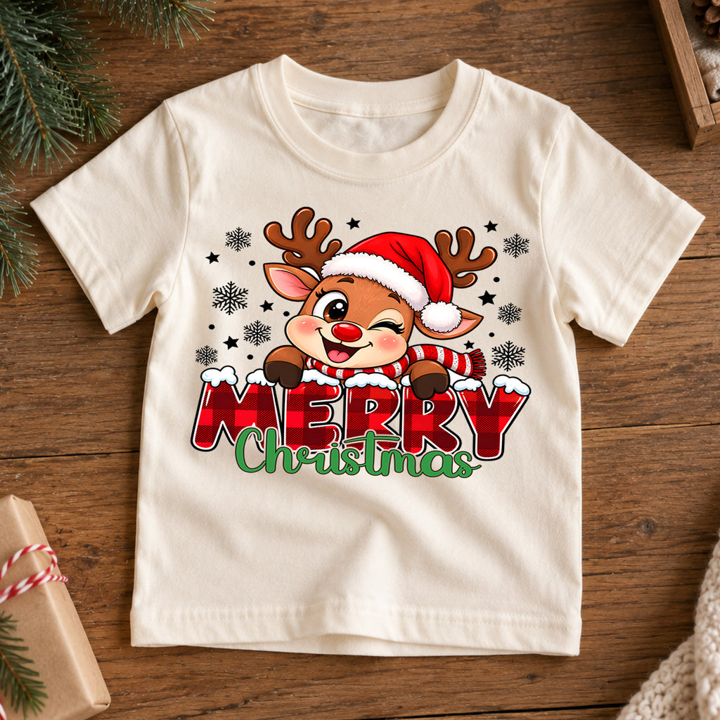 Merry Christmas Reindeer Kids Shirt, Buffalo Plaid Deer Tee, Cute Rudolph Holiday T Shirt, Xmas Gift for Kids Holiday Outfit for Boys Girls — product view 7