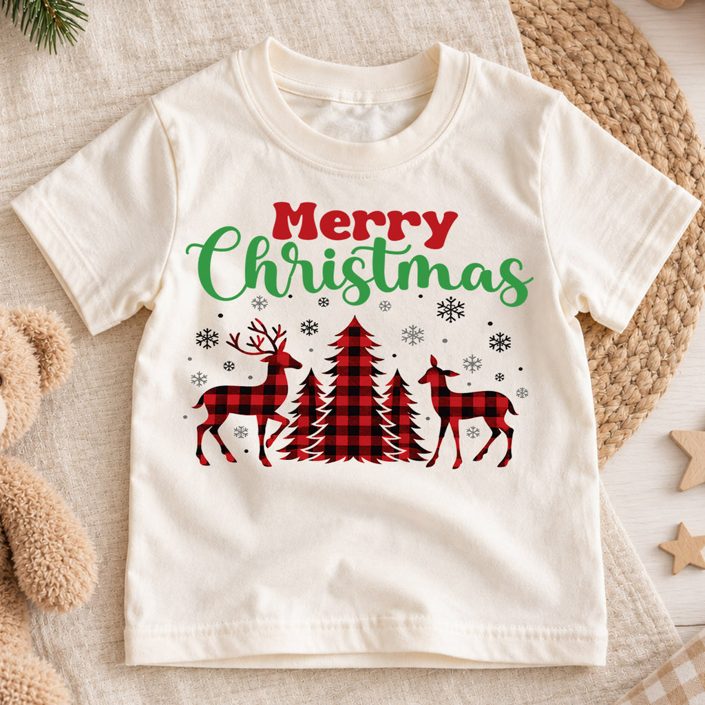 Merry Christmas Deer Kids Shirt, Buffalo Plaid Reindeer Tee, Rustic Christmas Tree T Shirt, Holiday Gift, Festive Winter Outfit for Kids — product view 1
