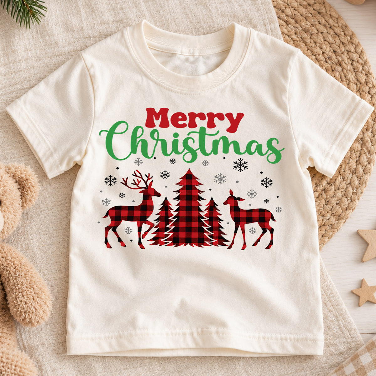 Merry Christmas Deer Kids Shirt, Buffalo Plaid Reindeer Tee, Rustic Christmas Tree T Shirt, Holiday Gift, Festive Winter Outfit for Kids — product view 1