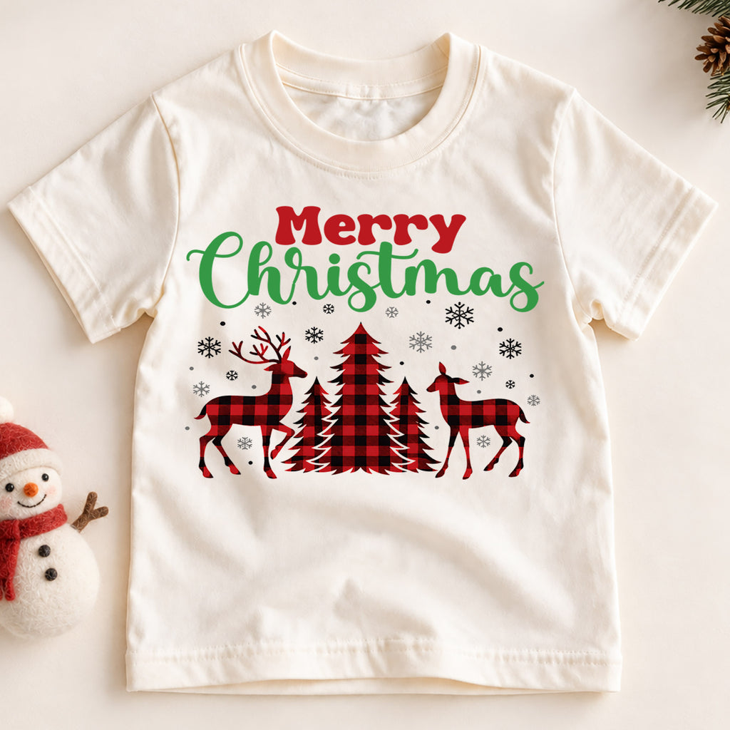 Merry Christmas Deer Kids Shirt, Buffalo Plaid Reindeer Tee, Rustic Christmas Tree T Shirt, Holiday Gift, Festive Winter Outfit for Kids — product view 2