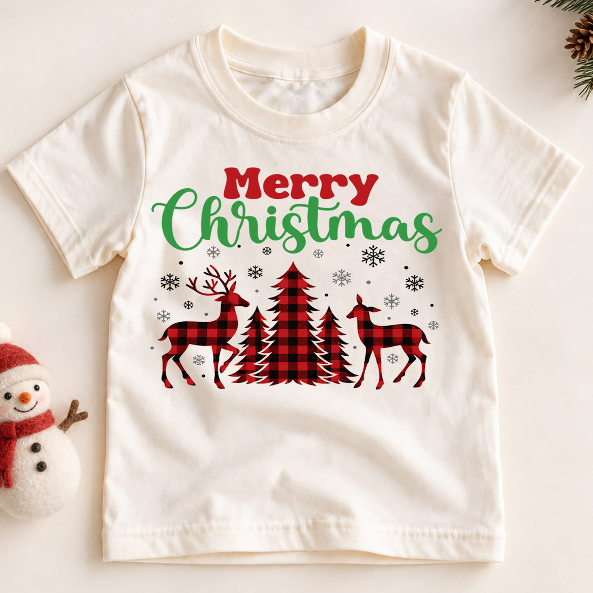 Merry Christmas Deer Kids Shirt, Buffalo Plaid Reindeer Tee, Rustic Christmas Tree T Shirt, Holiday Gift, Festive Winter Outfit for Kids — product view 2