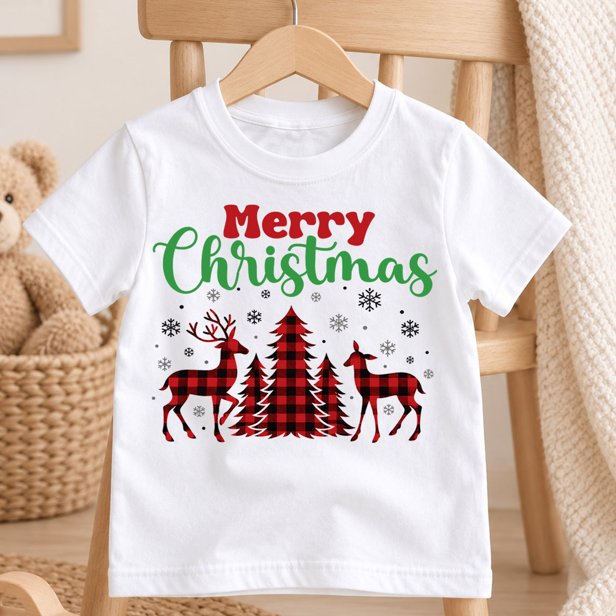 Merry Christmas Deer Kids Shirt, Buffalo Plaid Reindeer Tee, Rustic Christmas Tree T Shirt, Holiday Gift, Festive Winter Outfit for Kids — product view 4