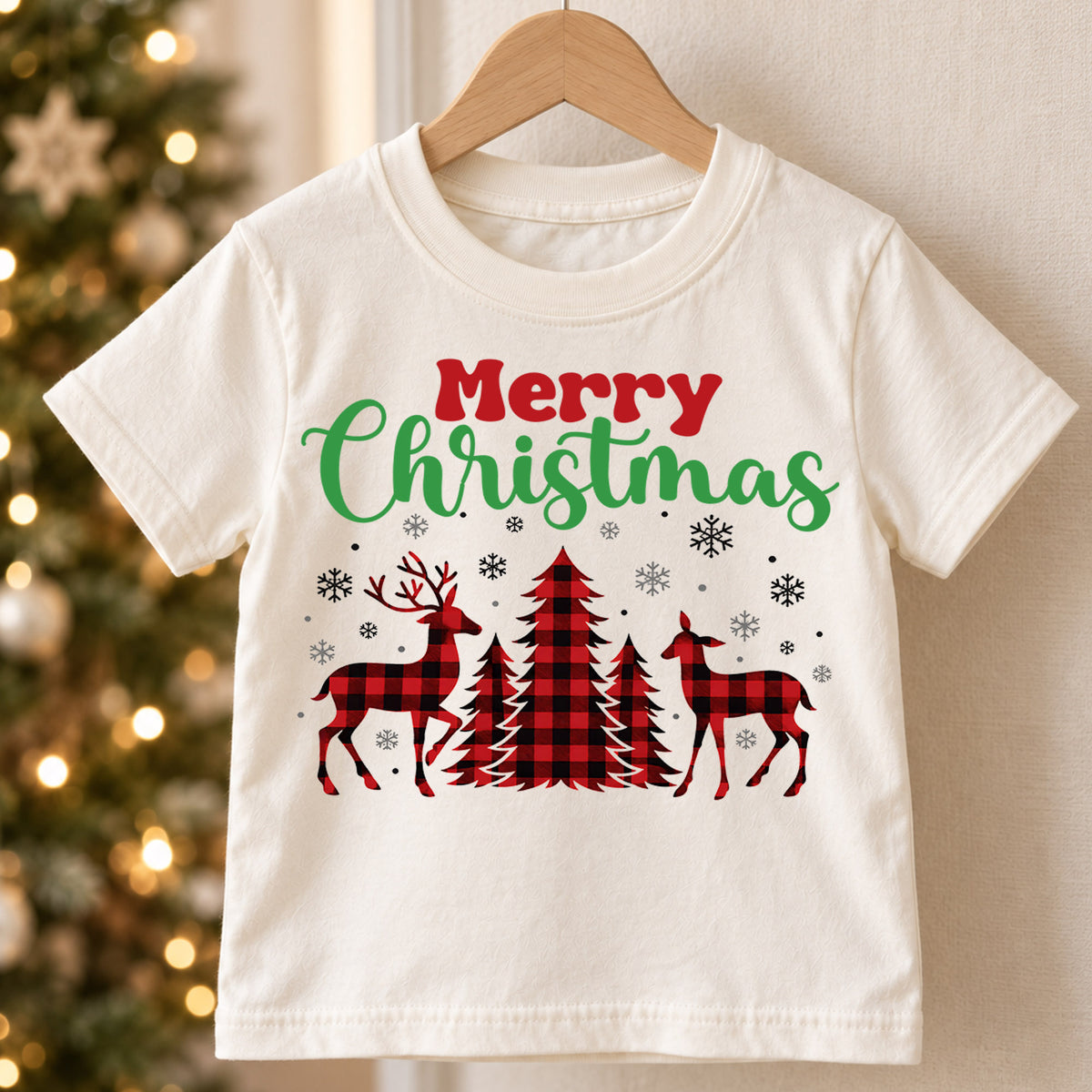 Merry Christmas Deer Kids Shirt, Buffalo Plaid Reindeer Tee, Rustic Christmas Tree T Shirt, Holiday Gift, Festive Winter Outfit for Kids — product view 5
