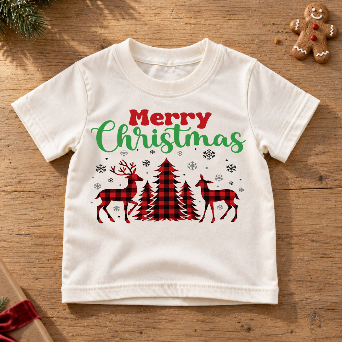 Merry Christmas Deer Kids Shirt, Buffalo Plaid Reindeer Tee, Rustic Christmas Tree T Shirt, Holiday Gift, Festive Winter Outfit for Kids — product view 6