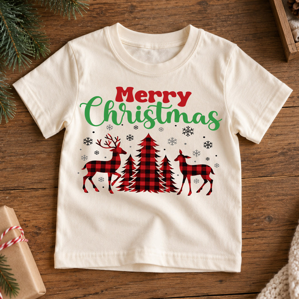 Merry Christmas Deer Kids Shirt, Buffalo Plaid Reindeer Tee, Rustic Christmas Tree T Shirt, Holiday Gift, Festive Winter Outfit for Kids — product view 7