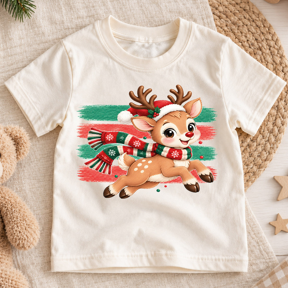Cute Running Reindeer Kids Christmas Shirt, Santa Hat Deer Tee, Holiday Reindeer T Shirt, Xmas Gift for Kids Holiday Outfit for Boys Girls — product view 1