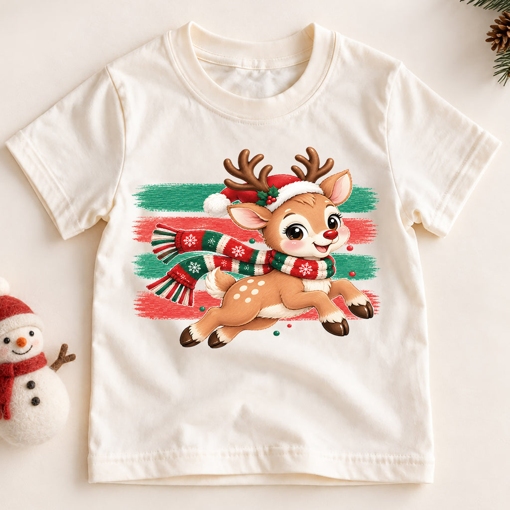 Cute Running Reindeer Kids Christmas Shirt, Santa Hat Deer Tee, Holiday Reindeer T Shirt, Xmas Gift for Kids Holiday Outfit for Boys Girls — product view 2
