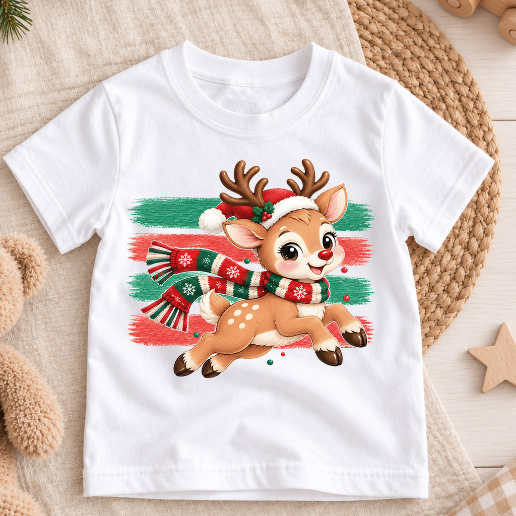 Cute Running Reindeer Kids Christmas Shirt, Santa Hat Deer Tee, Holiday Reindeer T Shirt, Xmas Gift for Kids Holiday Outfit for Boys Girls — product view 3