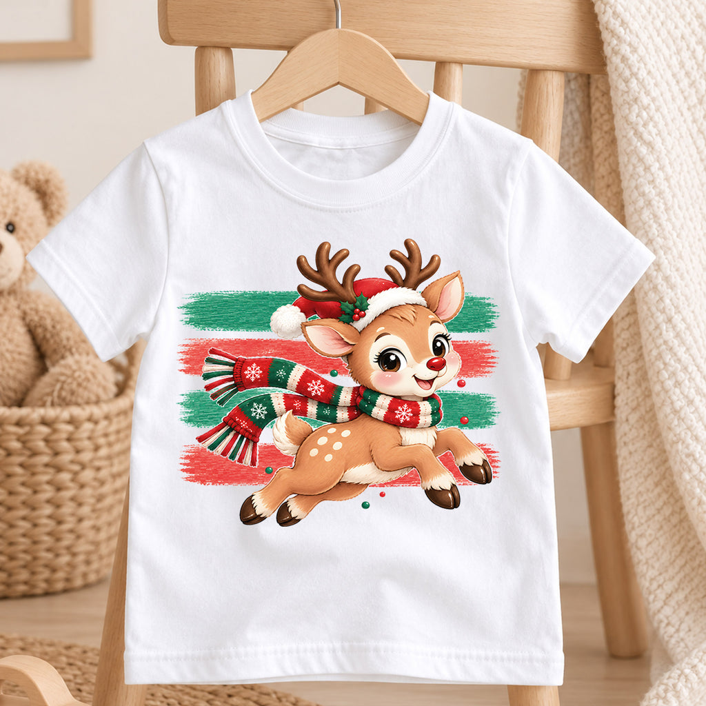 Cute Running Reindeer Kids Christmas Shirt, Santa Hat Deer Tee, Holiday Reindeer T Shirt, Xmas Gift for Kids Holiday Outfit for Boys Girls — product view 4