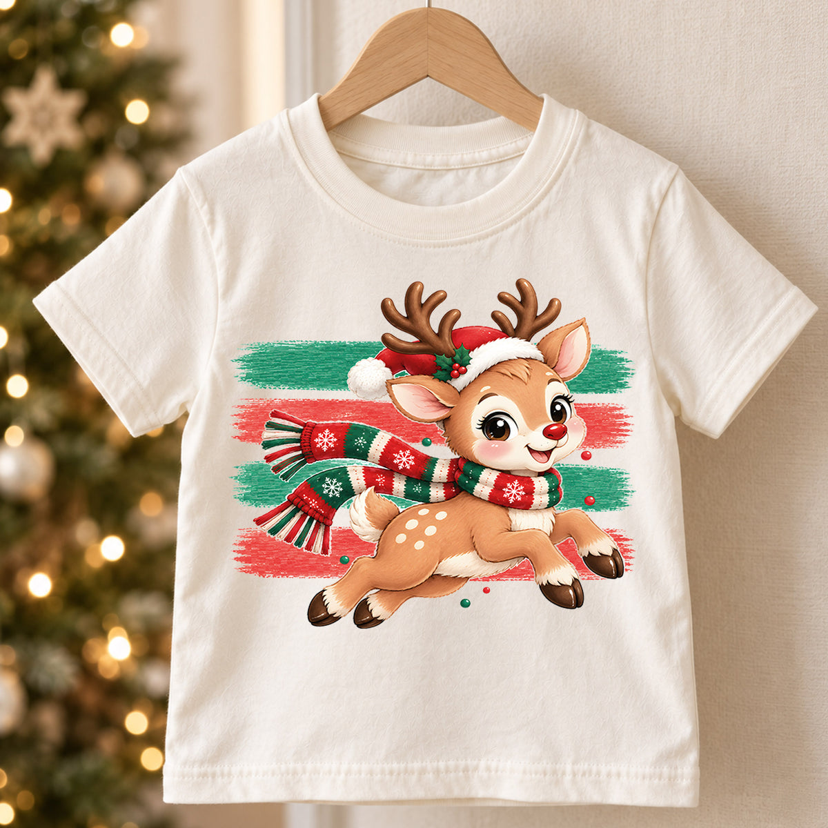 Cute Running Reindeer Kids Christmas Shirt, Santa Hat Deer Tee, Holiday Reindeer T Shirt, Xmas Gift for Kids Holiday Outfit for Boys Girls — product view 5