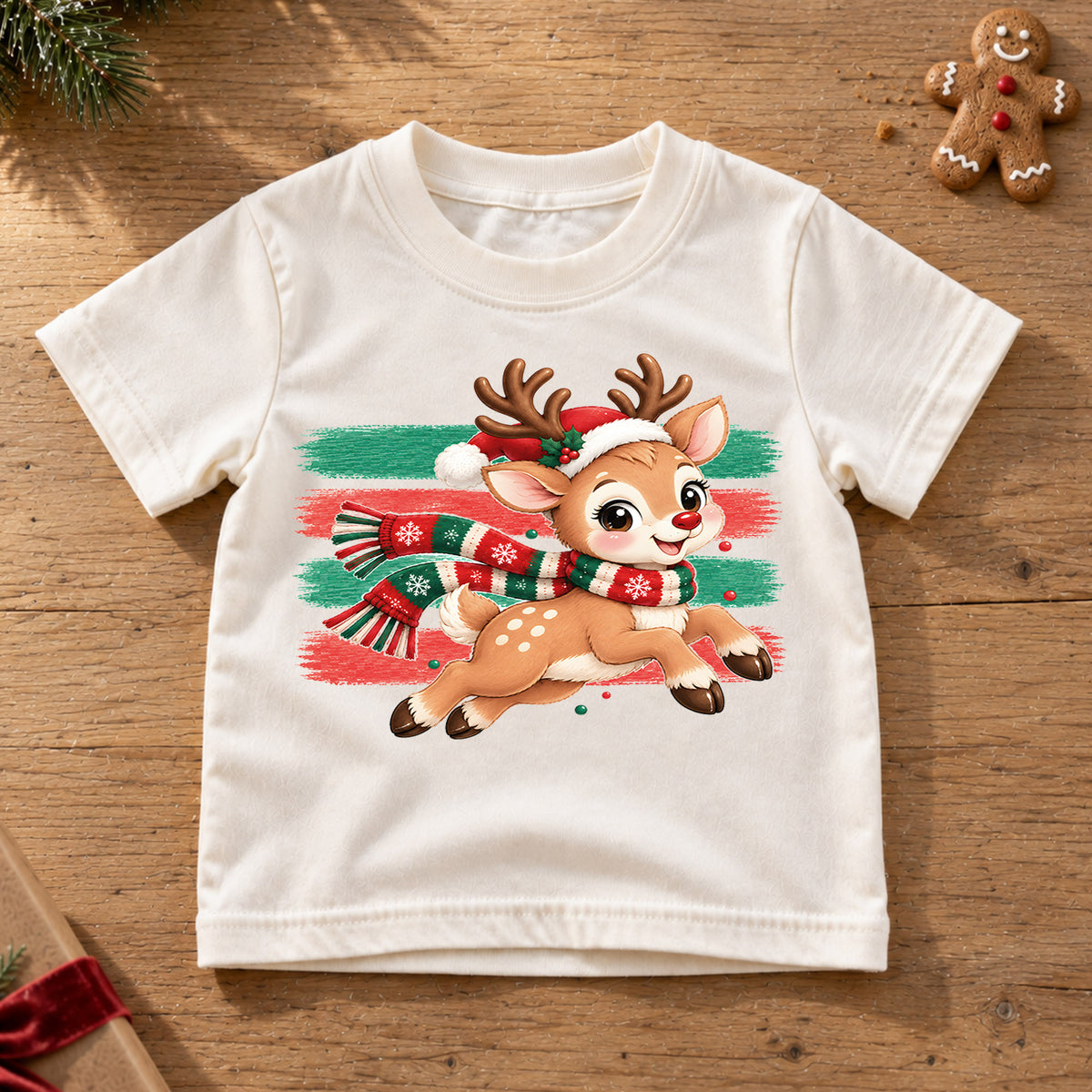 Cute Running Reindeer Kids Christmas Shirt, Santa Hat Deer Tee, Holiday Reindeer T Shirt, Xmas Gift for Kids Holiday Outfit for Boys Girls — product view 6