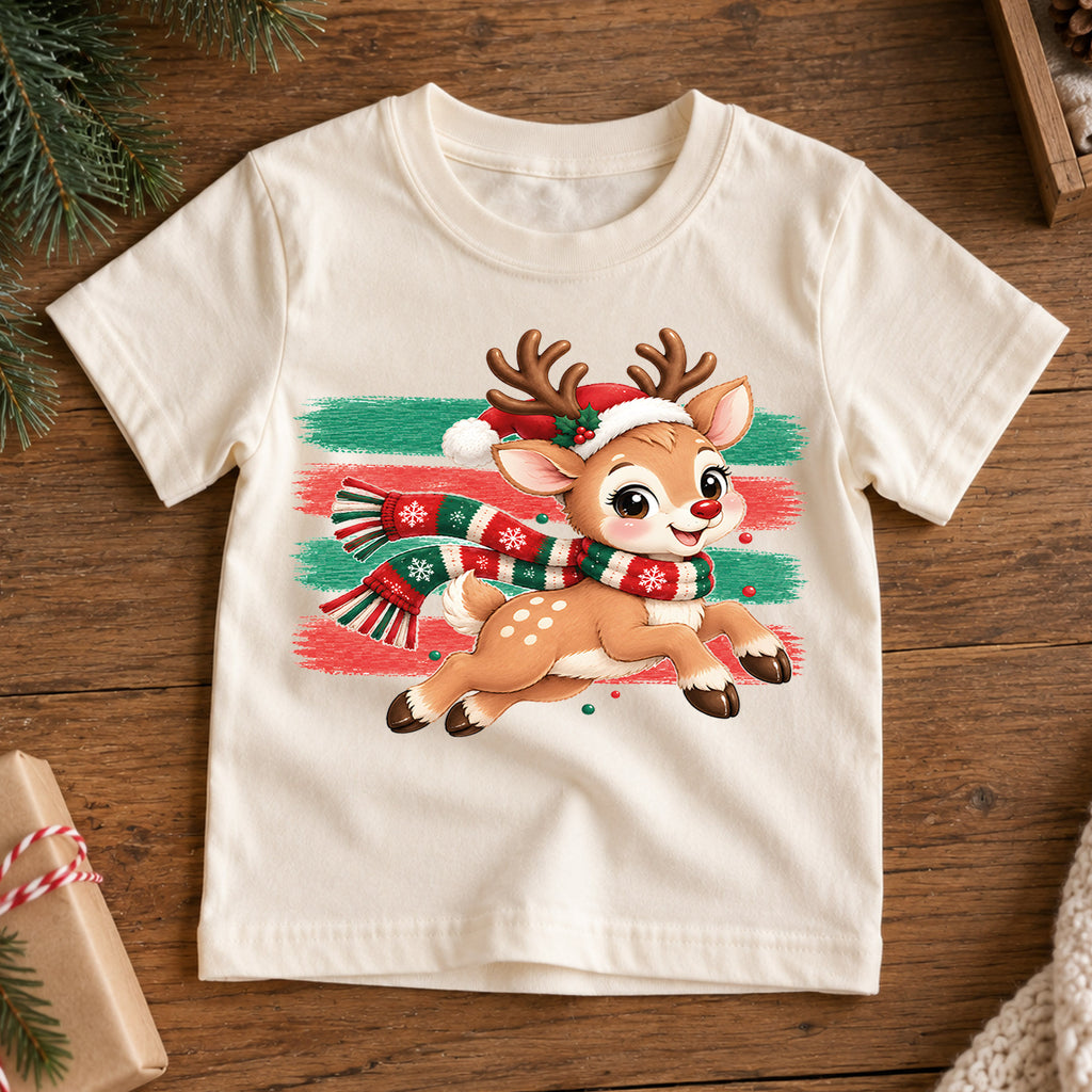 Cute Running Reindeer Kids Christmas Shirt, Santa Hat Deer Tee, Holiday Reindeer T Shirt, Xmas Gift for Kids Holiday Outfit for Boys Girls — product view 7