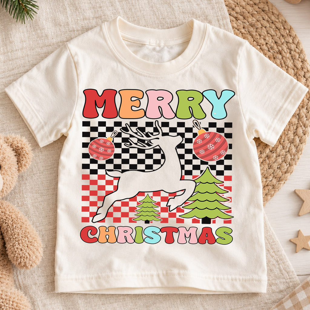 Christmas Reindeer Kids Shirt, Cute Running Deer Tee, Santa Hat Holiday T Shirt, Festive Xmas Gift for Boys and Girls Christmas Tee — product view 1
