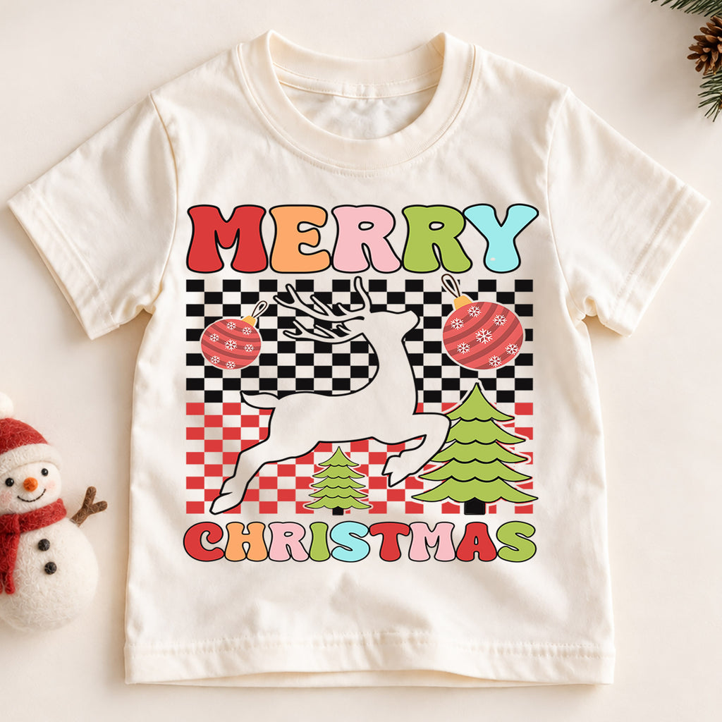 Christmas Reindeer Kids Shirt, Cute Running Deer Tee, Santa Hat Holiday T Shirt, Festive Xmas Gift for Boys and Girls Christmas Tee — product view 2