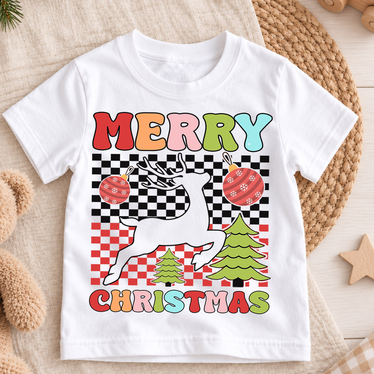 Christmas Reindeer Kids Shirt, Cute Running Deer Tee, Santa Hat Holiday T Shirt, Festive Xmas Gift for Boys and Girls Christmas Tee — product view 3