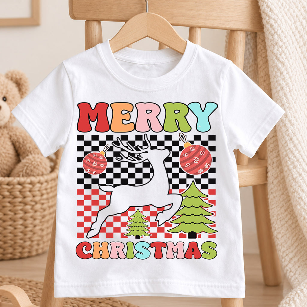 Christmas Reindeer Kids Shirt, Cute Running Deer Tee, Santa Hat Holiday T Shirt, Festive Xmas Gift for Boys and Girls Christmas Tee — product view 4