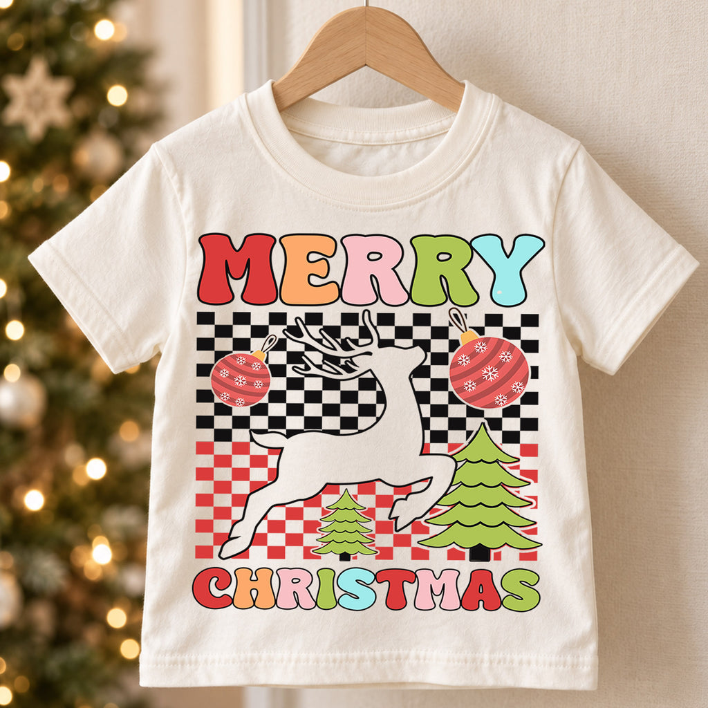 Christmas Reindeer Kids Shirt, Cute Running Deer Tee, Santa Hat Holiday T Shirt, Festive Xmas Gift for Boys and Girls Christmas Tee — product view 5