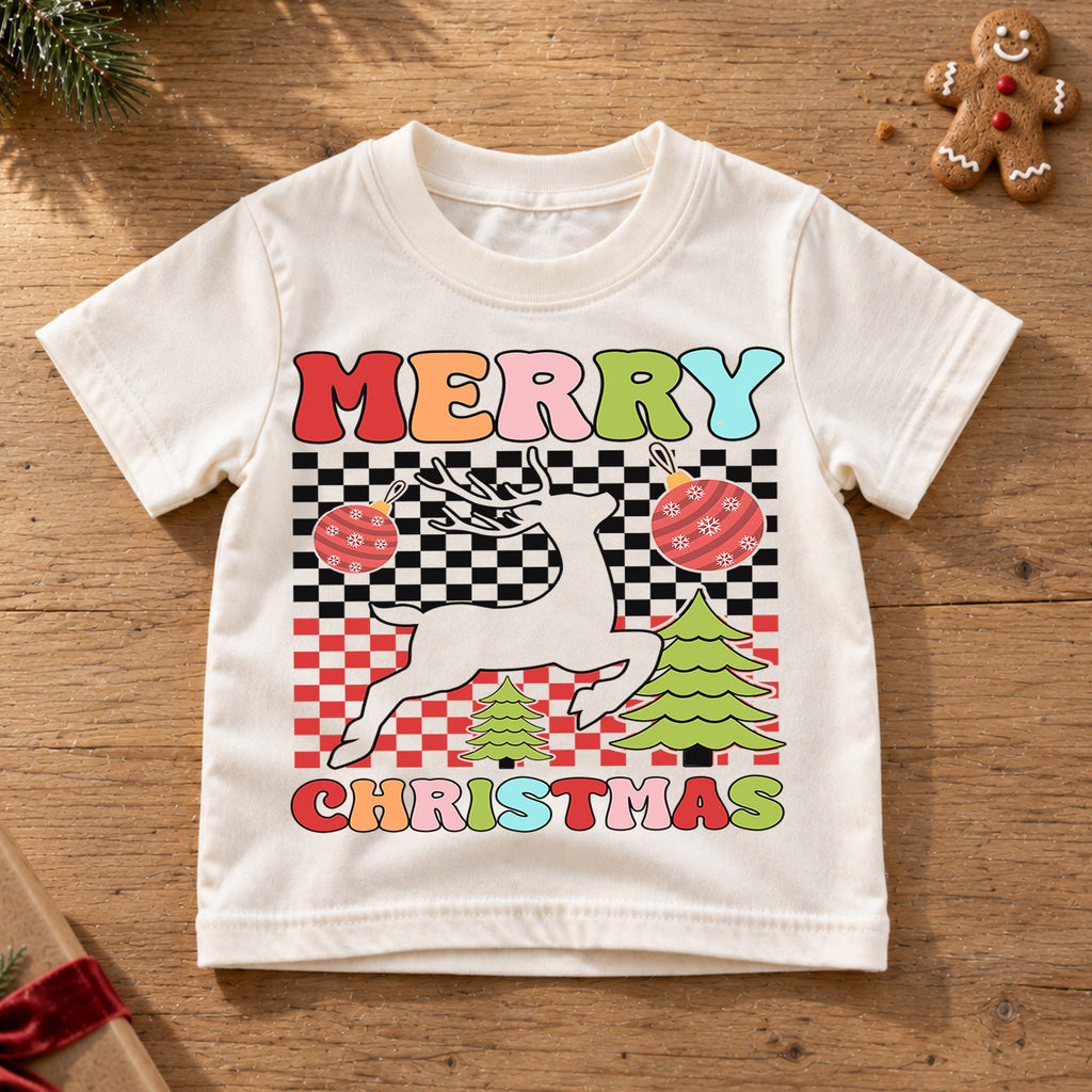 Christmas Reindeer Kids Shirt, Cute Running Deer Tee, Santa Hat Holiday T Shirt, Festive Xmas Gift for Boys and Girls Christmas Tee — product view 6