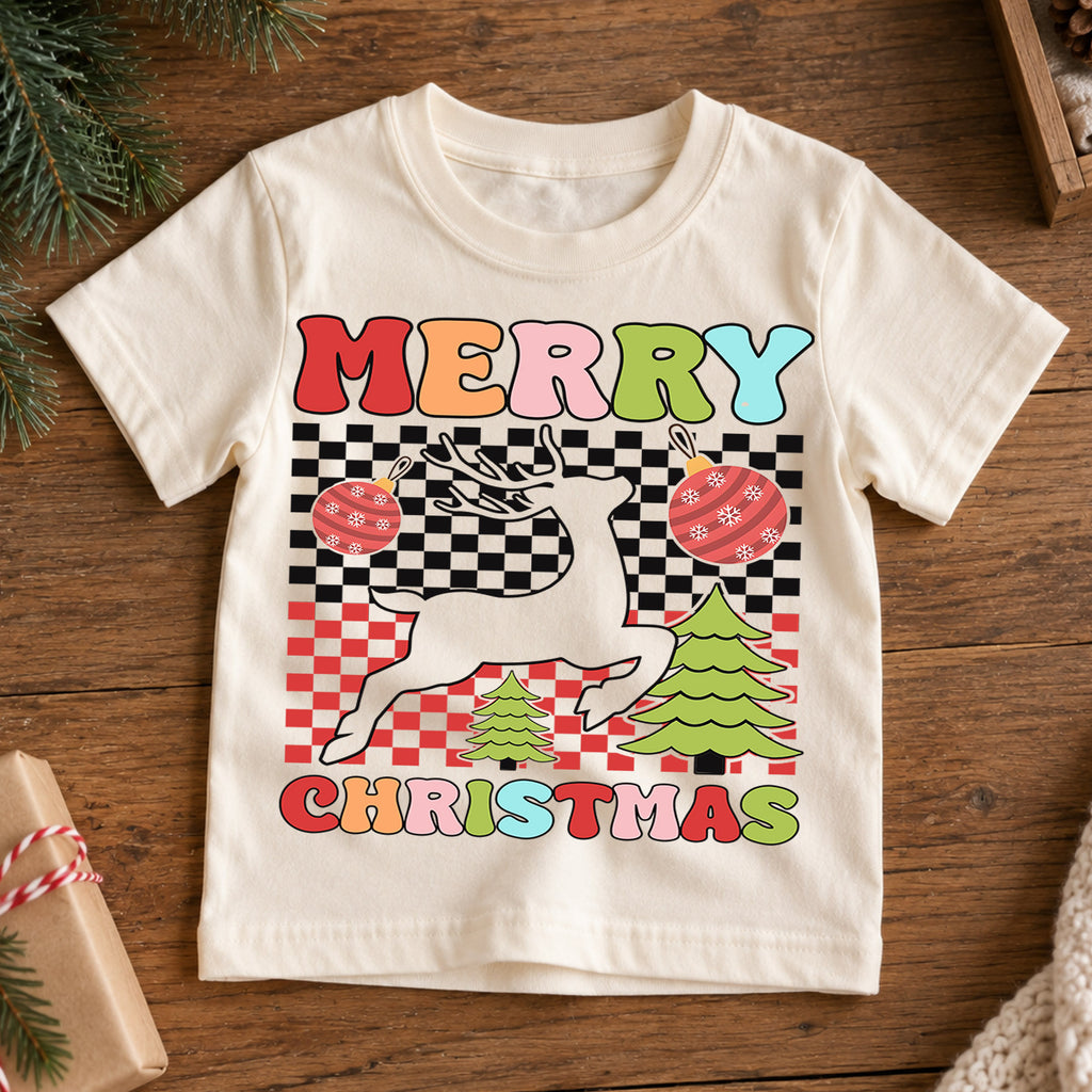 Christmas Reindeer Kids Shirt, Cute Running Deer Tee, Santa Hat Holiday T Shirt, Festive Xmas Gift for Boys and Girls Christmas Tee — product view 7
