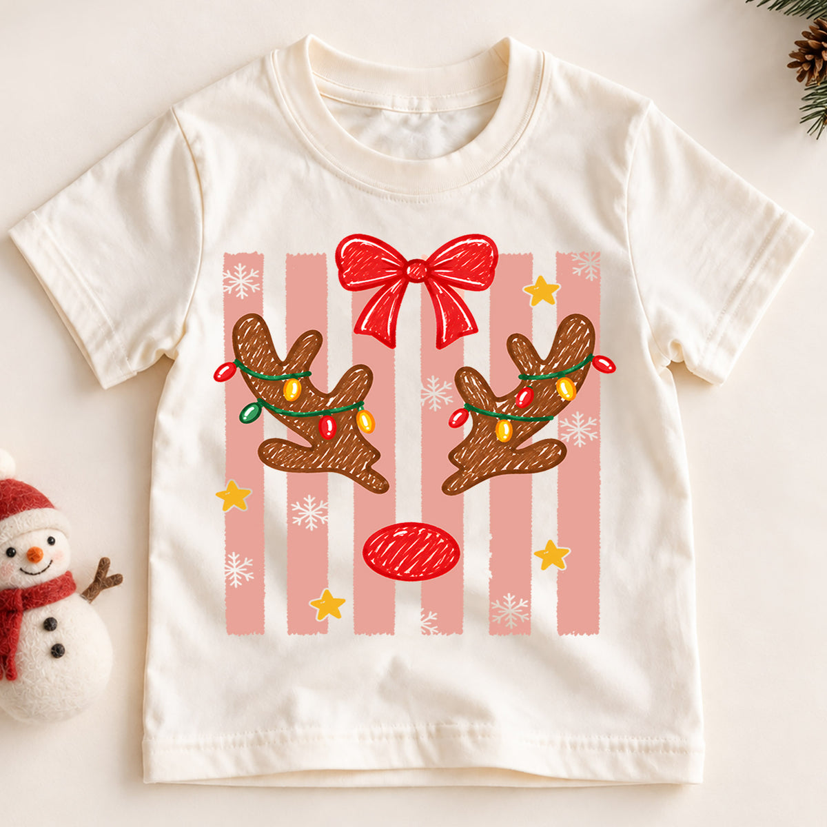 Christmas Reindeer Kids Bubble Top, Pink Bow Holiday Shirt, Cute Deer Xmas Outfit, Toddler Christmas Gift Holiday Outfit for Boys Girls — product view 2