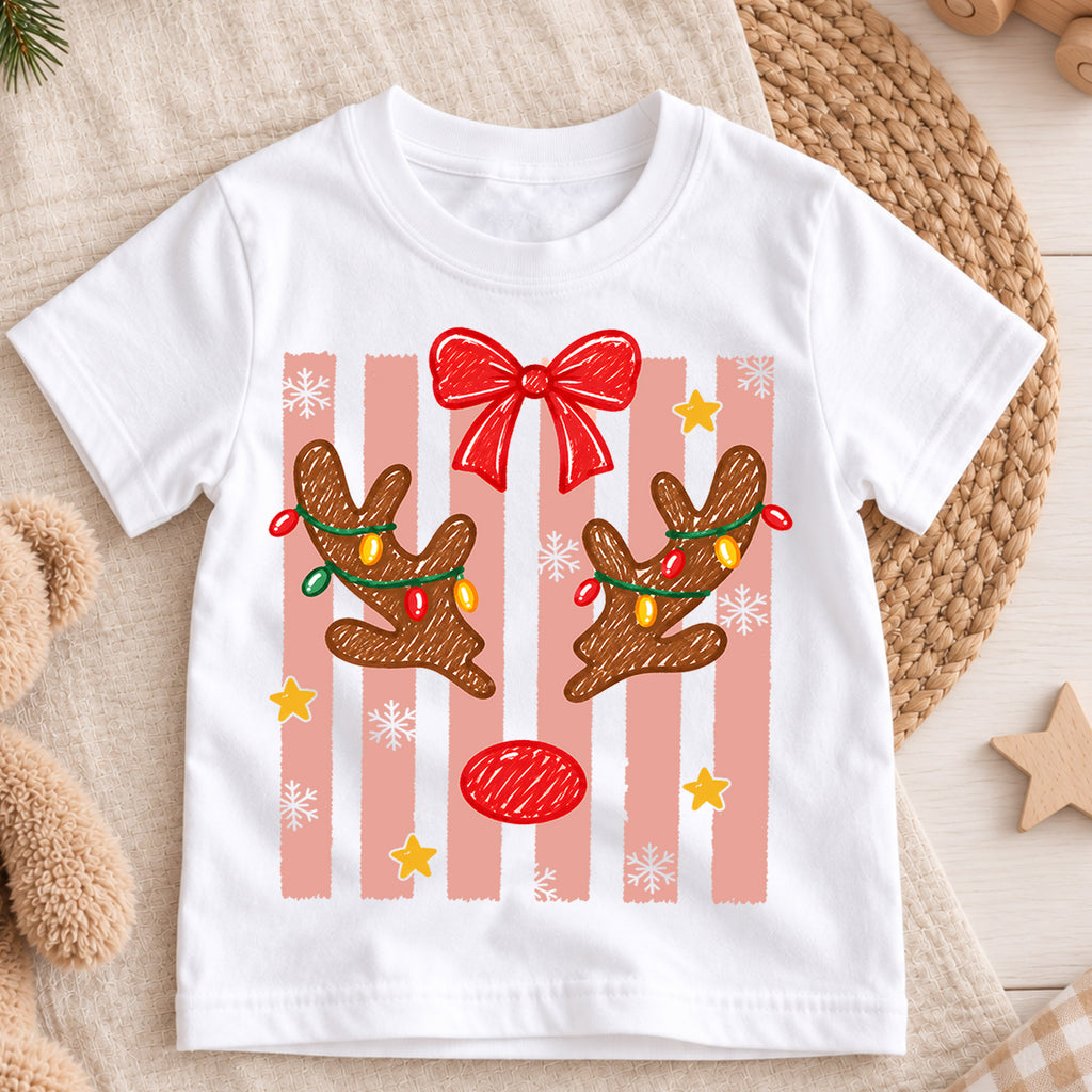 Christmas Reindeer Kids Bubble Top, Pink Bow Holiday Shirt, Cute Deer Xmas Outfit, Toddler Christmas Gift Holiday Outfit for Boys Girls — product view 3