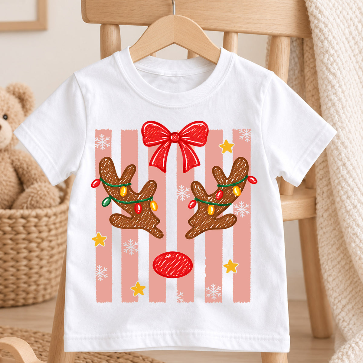 Christmas Reindeer Kids Bubble Top, Pink Bow Holiday Shirt, Cute Deer Xmas Outfit, Toddler Christmas Gift Holiday Outfit for Boys Girls — product view 4