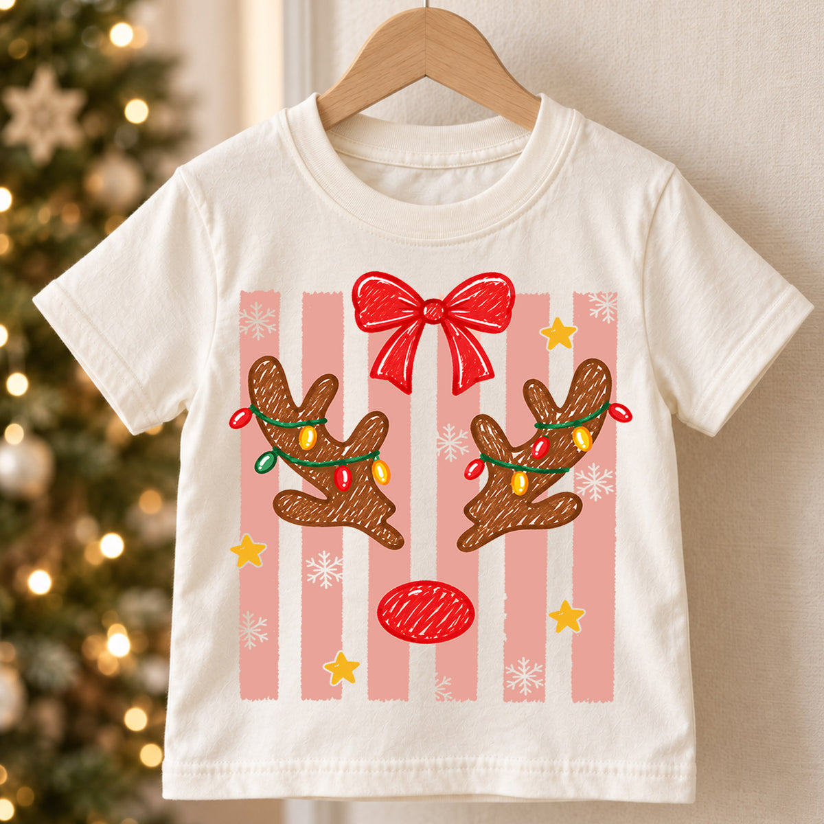 Christmas Reindeer Kids Bubble Top, Pink Bow Holiday Shirt, Cute Deer Xmas Outfit, Toddler Christmas Gift Holiday Outfit for Boys Girls — product view 5