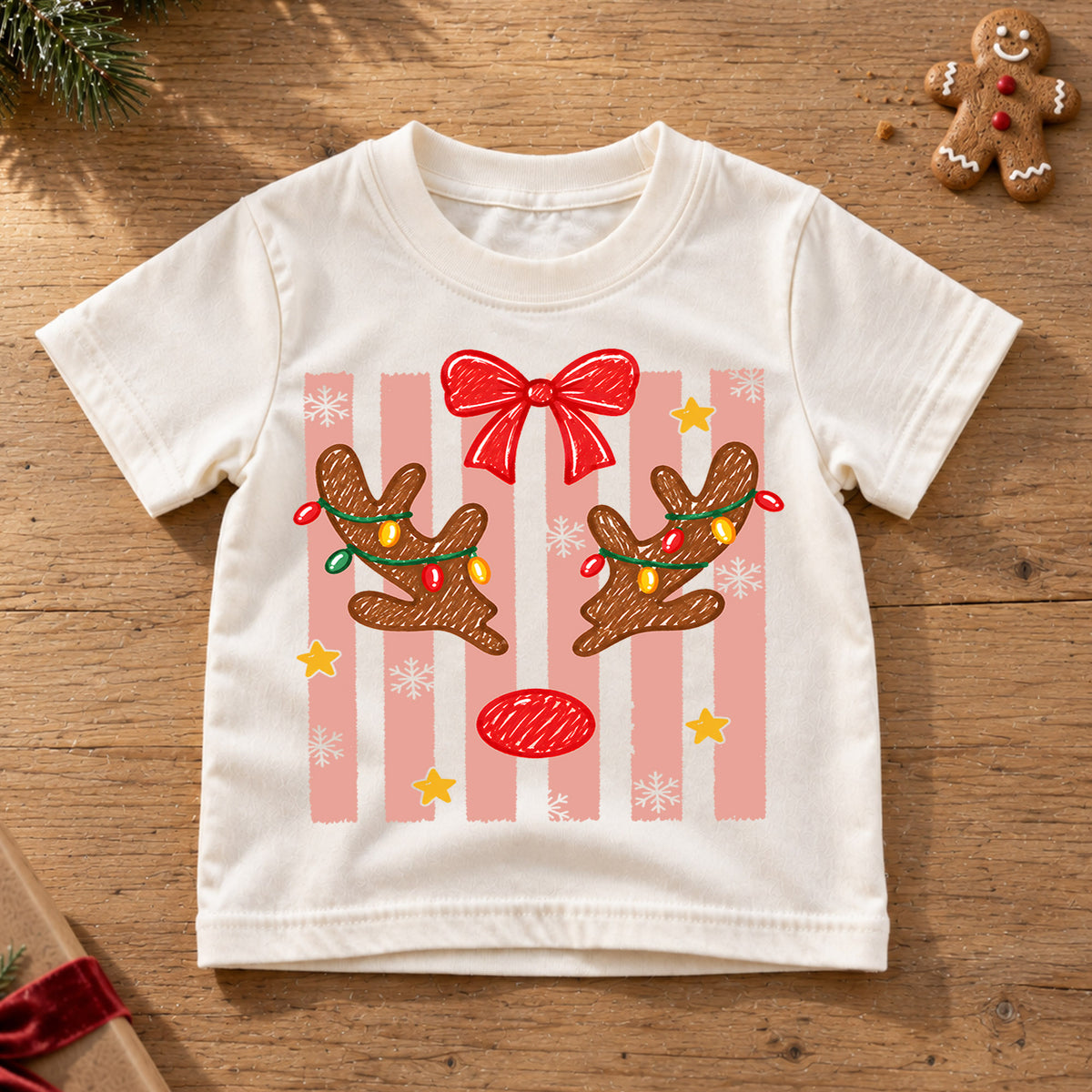 Christmas Reindeer Kids Bubble Top, Pink Bow Holiday Shirt, Cute Deer Xmas Outfit, Toddler Christmas Gift Holiday Outfit for Boys Girls — product view 6