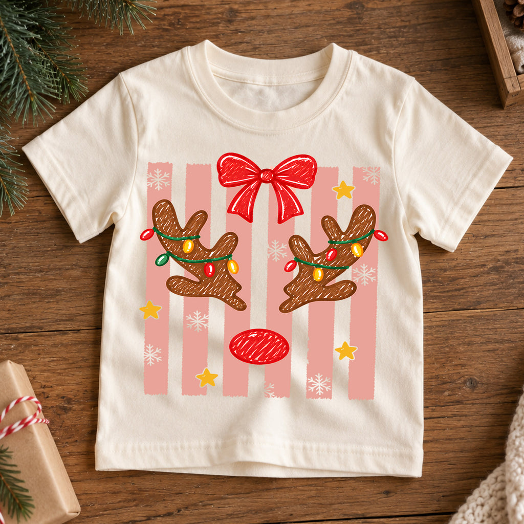 Christmas Reindeer Kids Bubble Top, Pink Bow Holiday Shirt, Cute Deer Xmas Outfit, Toddler Christmas Gift Holiday Outfit for Boys Girls — product view 7