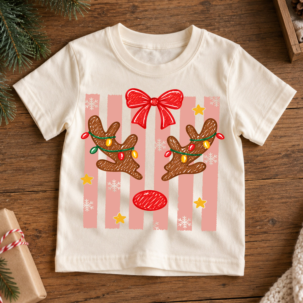 Christmas Reindeer Kids Bubble Top, Pink Bow Holiday Shirt, Cute Deer Xmas Outfit, Toddler Christmas Gift Holiday Outfit for Boys Girls — product view 7