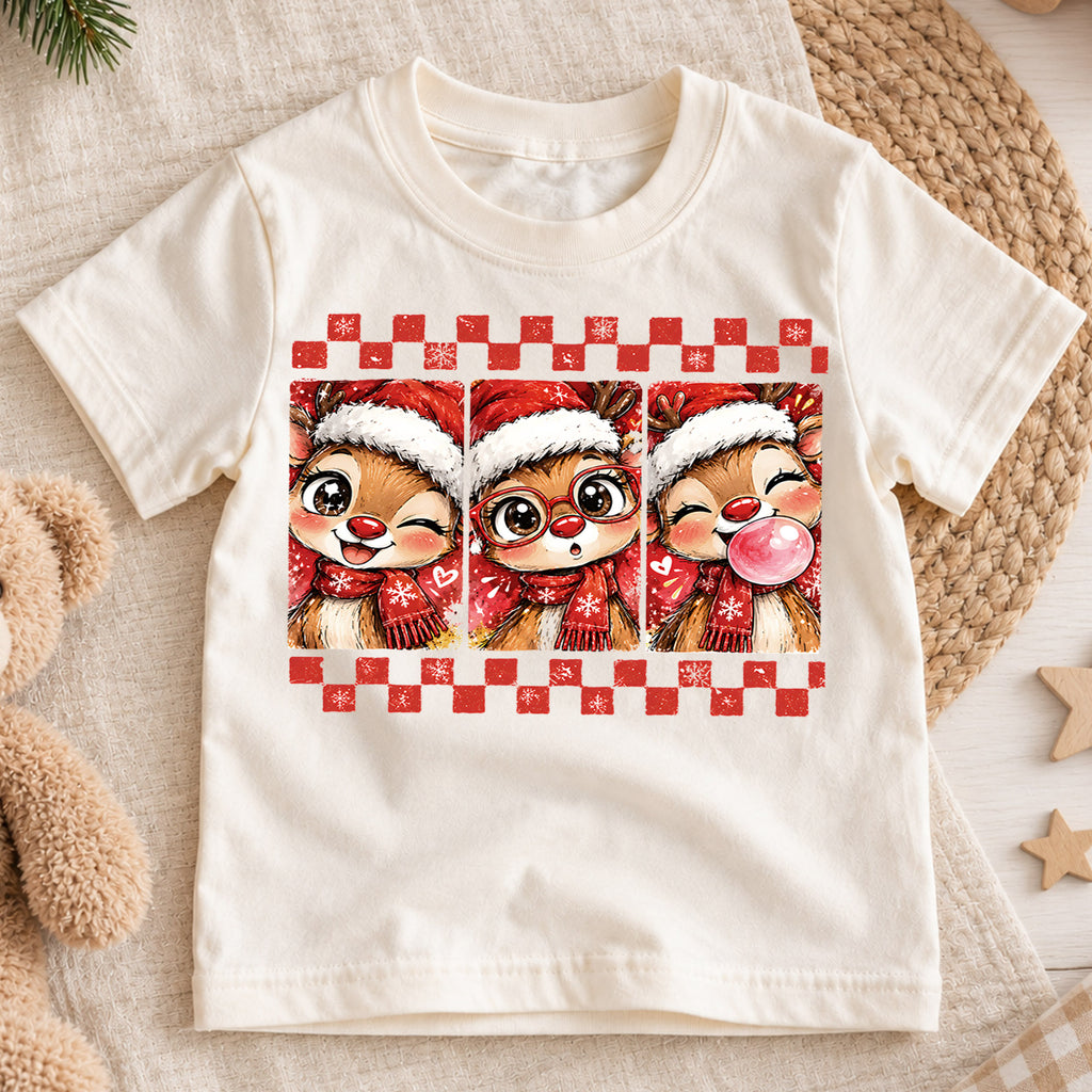 Cute Reindeer Christmas Kids Bubble Top, Santa Hat Deer Shirt, Red Plaid Holiday Outfit, Toddler Xmas Gift Holiday Outfit for Boys Girls — product view 1