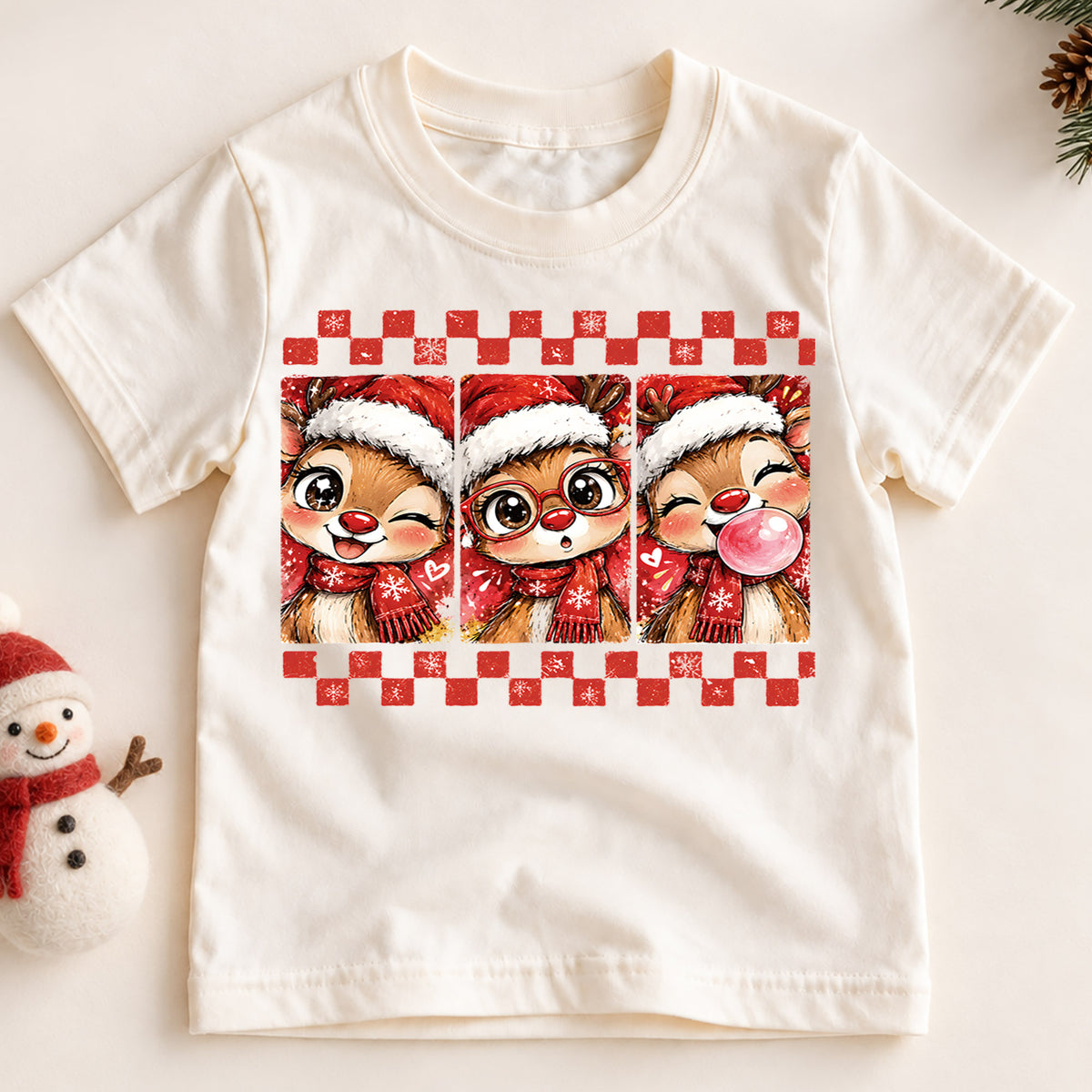 Cute Reindeer Christmas Kids Bubble Top, Santa Hat Deer Shirt, Red Plaid Holiday Outfit, Toddler Xmas Gift Holiday Outfit for Boys Girls — product view 2