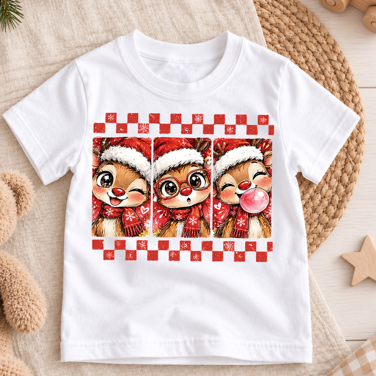 Cute Reindeer Christmas Kids Bubble Top, Santa Hat Deer Shirt, Red Plaid Holiday Outfit, Toddler Xmas Gift Holiday Outfit for Boys Girls — product view 3