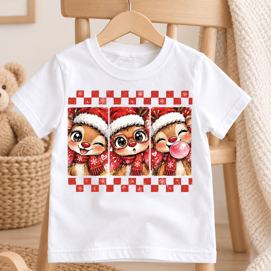 Cute Reindeer Christmas Kids Bubble Top, Santa Hat Deer Shirt, Red Plaid Holiday Outfit, Toddler Xmas Gift Holiday Outfit for Boys Girls — product view 4