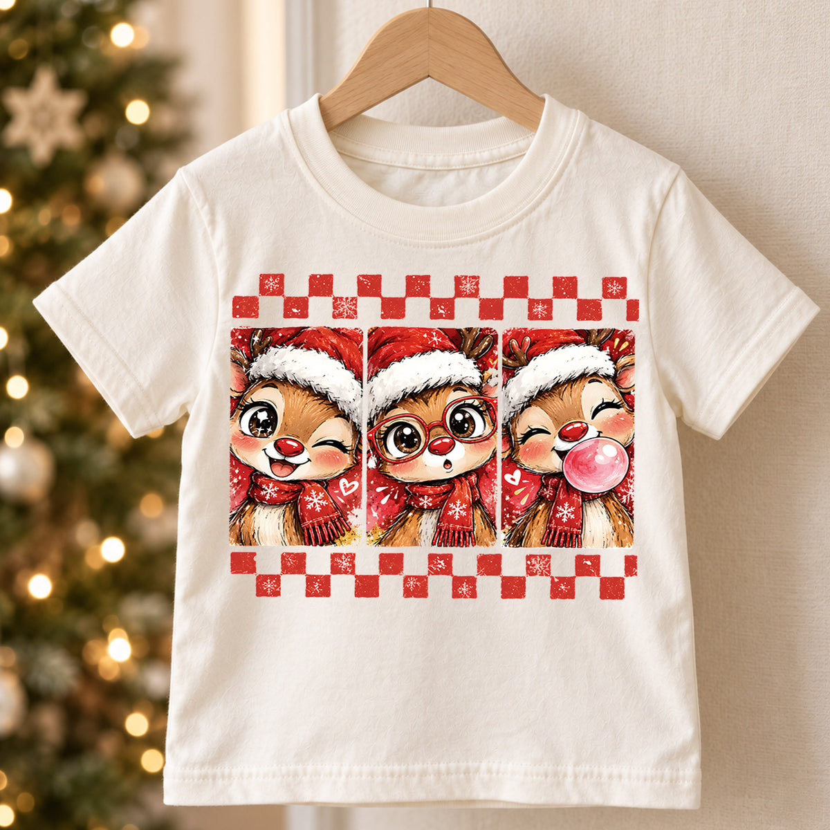 Cute Reindeer Christmas Kids Bubble Top, Santa Hat Deer Shirt, Red Plaid Holiday Outfit, Toddler Xmas Gift Holiday Outfit for Boys Girls — product view 5