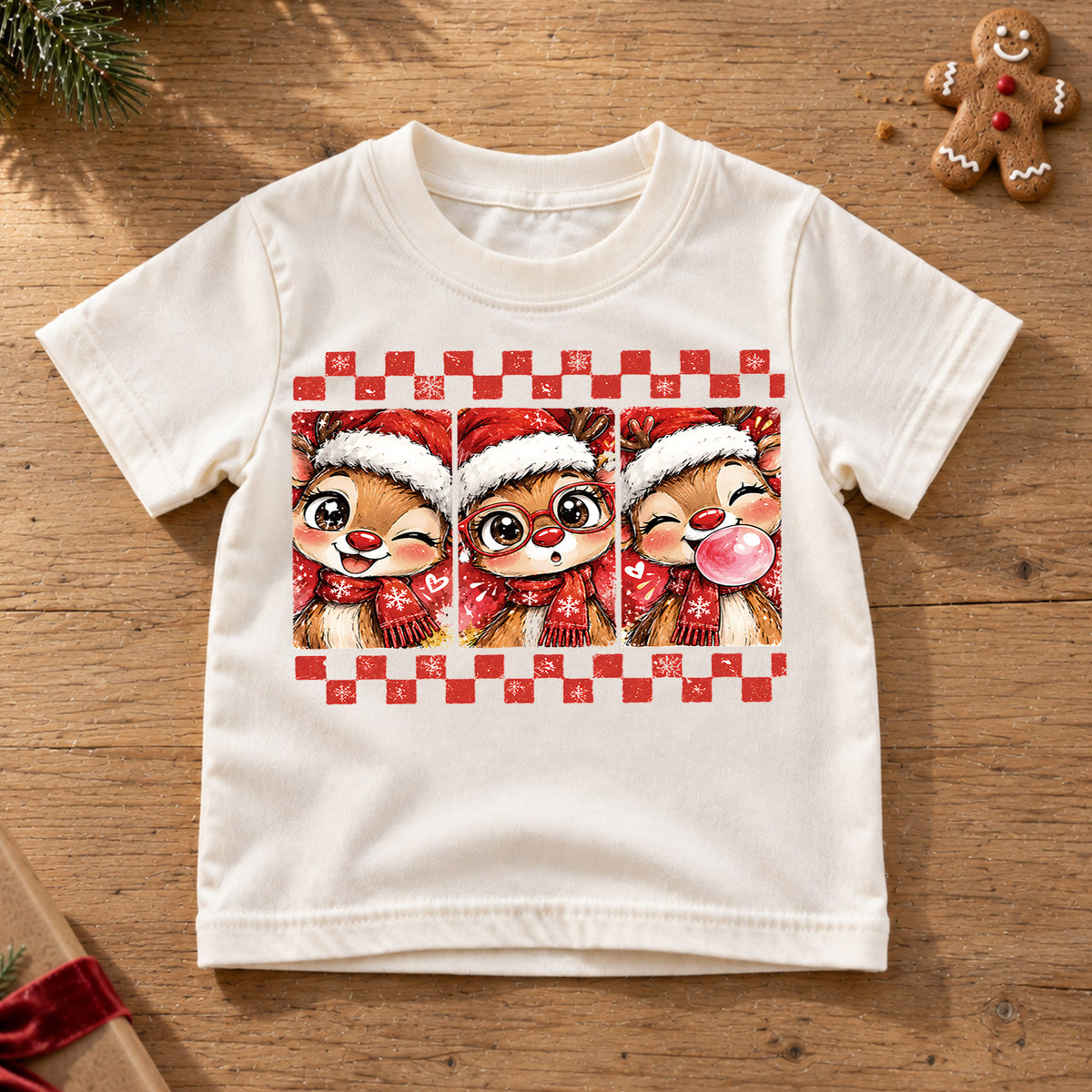 Cute Reindeer Christmas Kids Bubble Top, Santa Hat Deer Shirt, Red Plaid Holiday Outfit, Toddler Xmas Gift Holiday Outfit for Boys Girls — product view 6