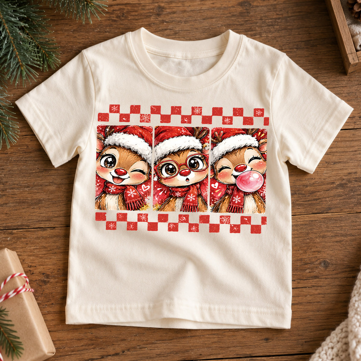Cute Reindeer Christmas Kids Bubble Top, Santa Hat Deer Shirt, Red Plaid Holiday Outfit, Toddler Xmas Gift Holiday Outfit for Boys Girls — product view 7