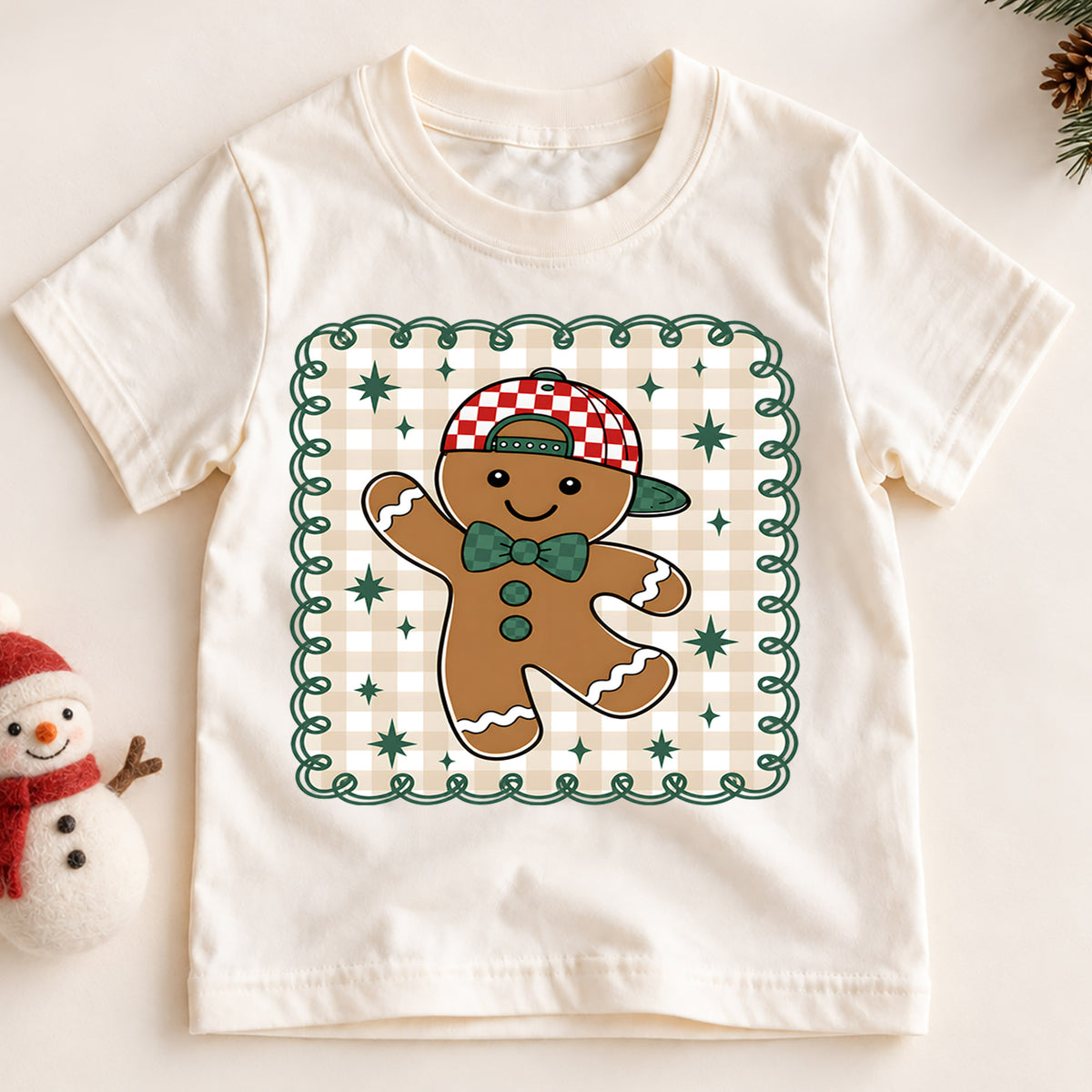 Gingerbread Man Christmas Kids Bubble Top, Cute Cookie Holiday Shirt, Plaid Xmas Outfit, Toddler Christmas Gift Holiday Gift for Boys Girls — product view 2
