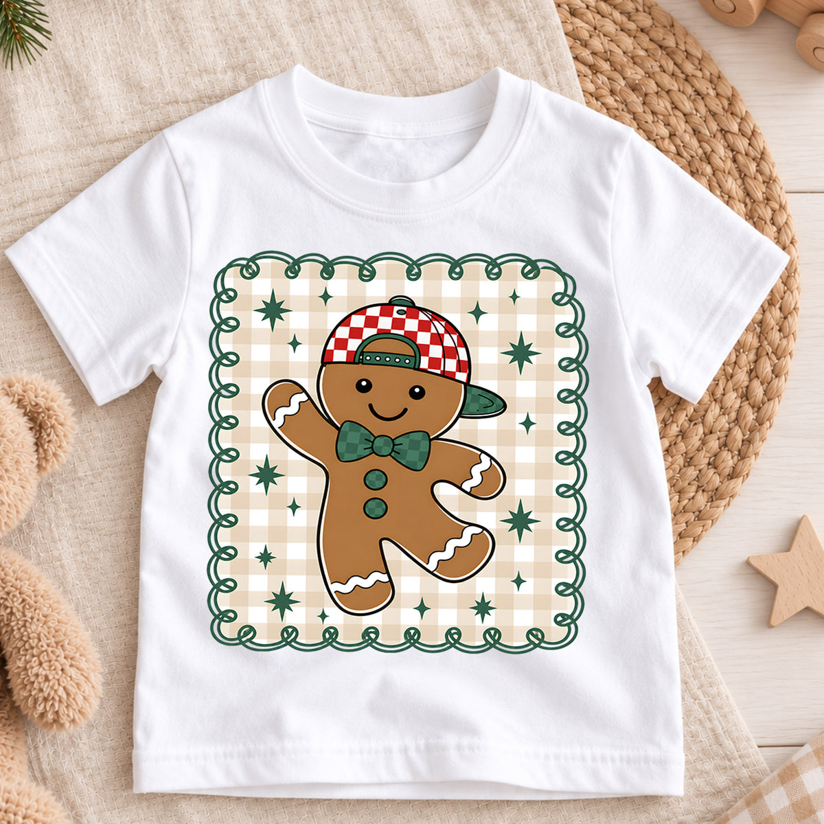 Gingerbread Man Christmas Kids Bubble Top, Cute Cookie Holiday Shirt, Plaid Xmas Outfit, Toddler Christmas Gift Holiday Gift for Boys Girls — product view 3