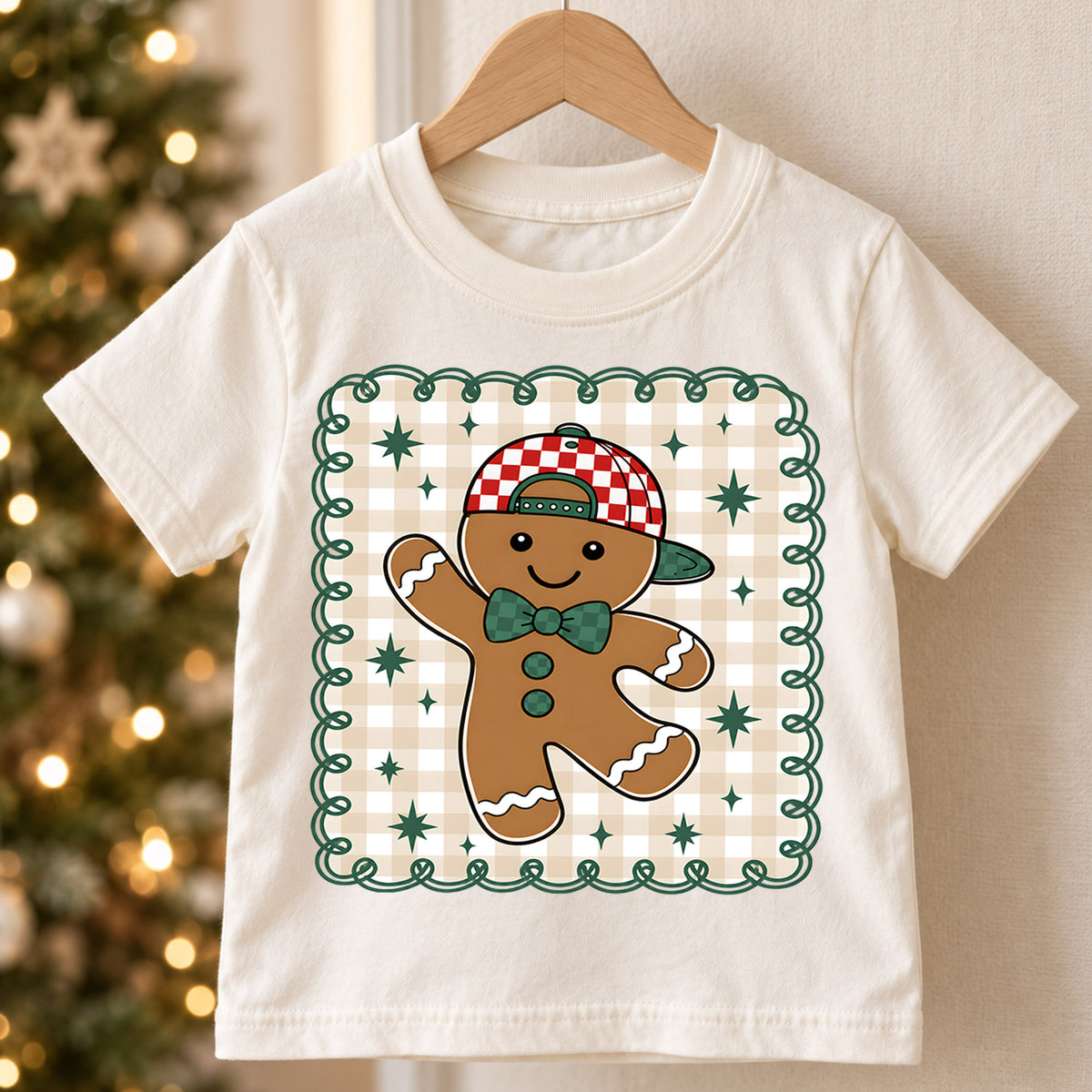 Gingerbread Man Christmas Kids Bubble Top, Cute Cookie Holiday Shirt, Plaid Xmas Outfit, Toddler Christmas Gift Holiday Gift for Boys Girls — product view 5