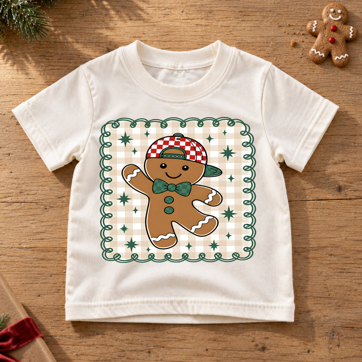 Gingerbread Man Christmas Kids Bubble Top, Cute Cookie Holiday Shirt, Plaid Xmas Outfit, Toddler Christmas Gift Holiday Gift for Boys Girls — product view 6