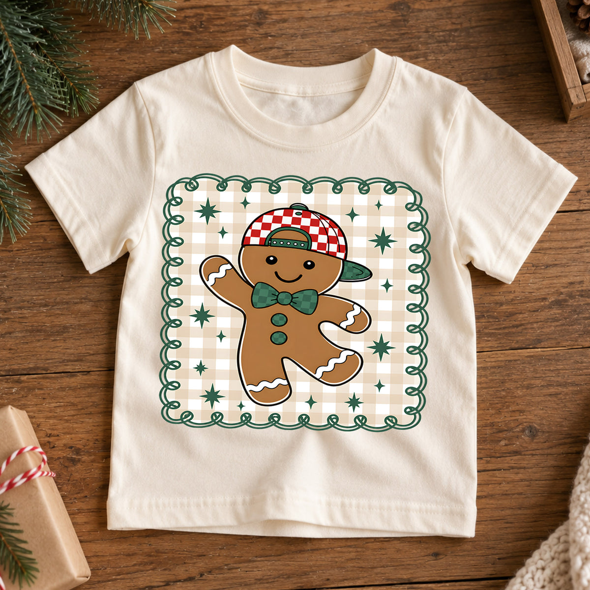 Gingerbread Man Christmas Kids Bubble Top, Cute Cookie Holiday Shirt, Plaid Xmas Outfit, Toddler Christmas Gift Holiday Gift for Boys Girls — product view 7